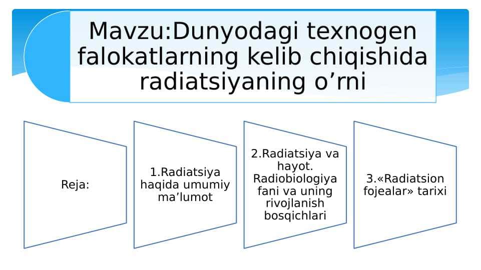 Dunyodagi texnogen falokatlarning kelib chiqishida radiatsiyaning o’rni