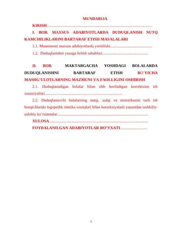 MAXSUS ADABIYOTLARDA DUDUQLANISH NUTQ KAMCHILIKLARINI BARTARAF ETISH MASALALARI
