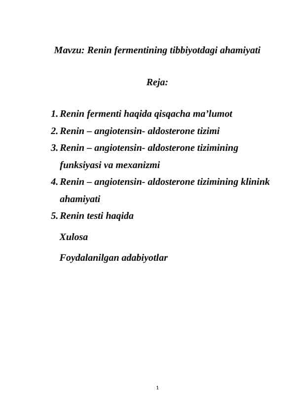 Renin fermentining tibbiyotdagi ahamiyati