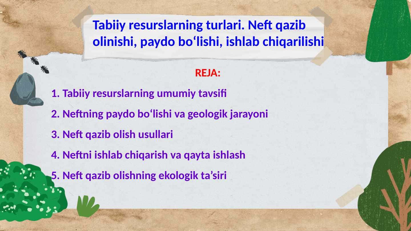 Tabiiy resurslarning turlari. Neft qazib olinishi, paydo boʻlishi, ishlab chiqarilishi