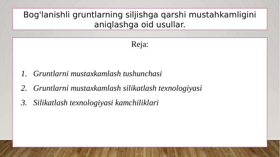 Bog'lanishli gruntlarning siljishga qarshi mustahkamligini aniqlashga oid usullar.