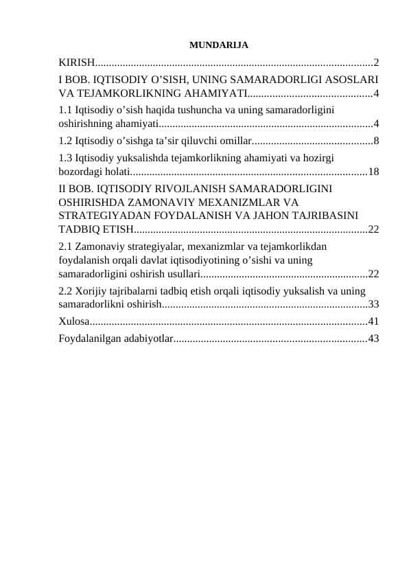 IQTISODIY O’SISH, UNING SAMARADORLIGI ASOSLARI VA TEJAMKORLIK