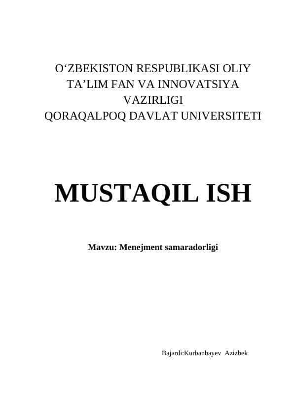Menejment samaradorligi MUSTAQIL ISH