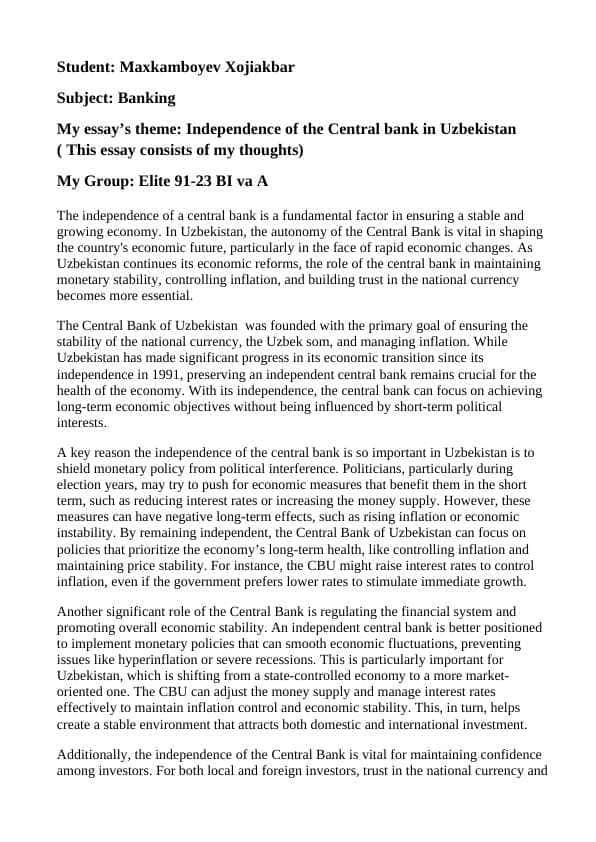 Essey, topic "Independence of the Central bank in Uzbekistan"