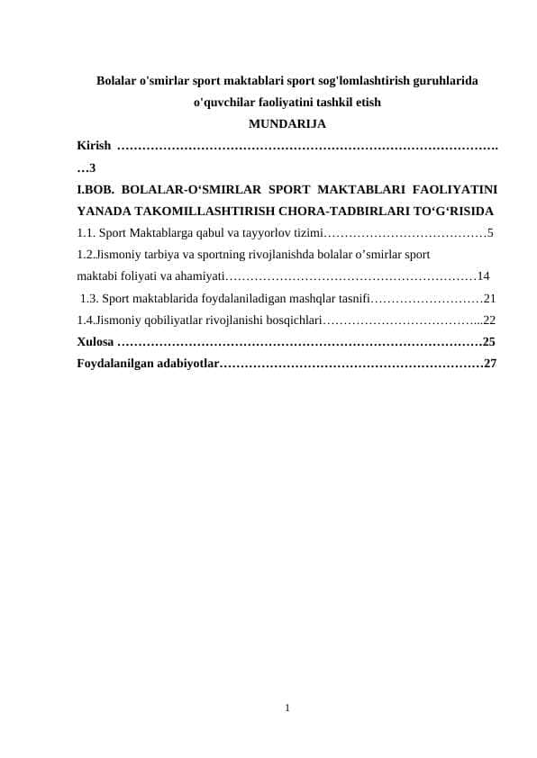 Bolalar o'smirlar sport maktablari sport sog'lomlashtirish guruhlarida o'quvchilar faoliyatini tashkil etish