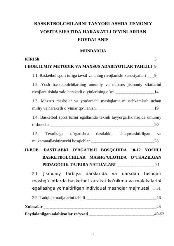 BASKETBOLCHILARNI TAYYORLASHDA JISMONIY VOSITA SIFATIDA HARAKATLI O’YINLARDAN FOYDALANIS