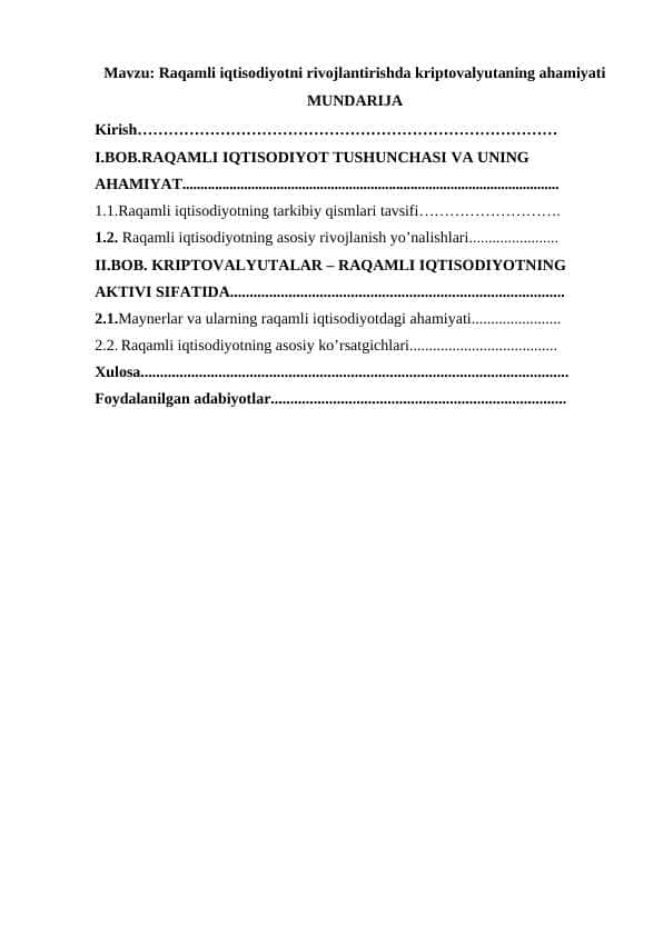 Raqamli iqtisodiyotni rivojlantirishda kriptovalyuta