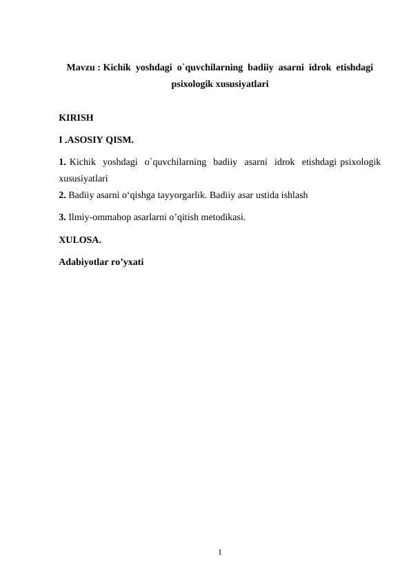 Kichik yoshdagi o`quvchilarning badiiy asarni idrok etishdagi psixologik xususiyatlari