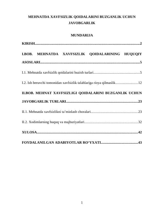 MEHNATDA XAVFSIZLIK QOIDALARINI BUZGANLIK UCHUN JAVOBGARLIK