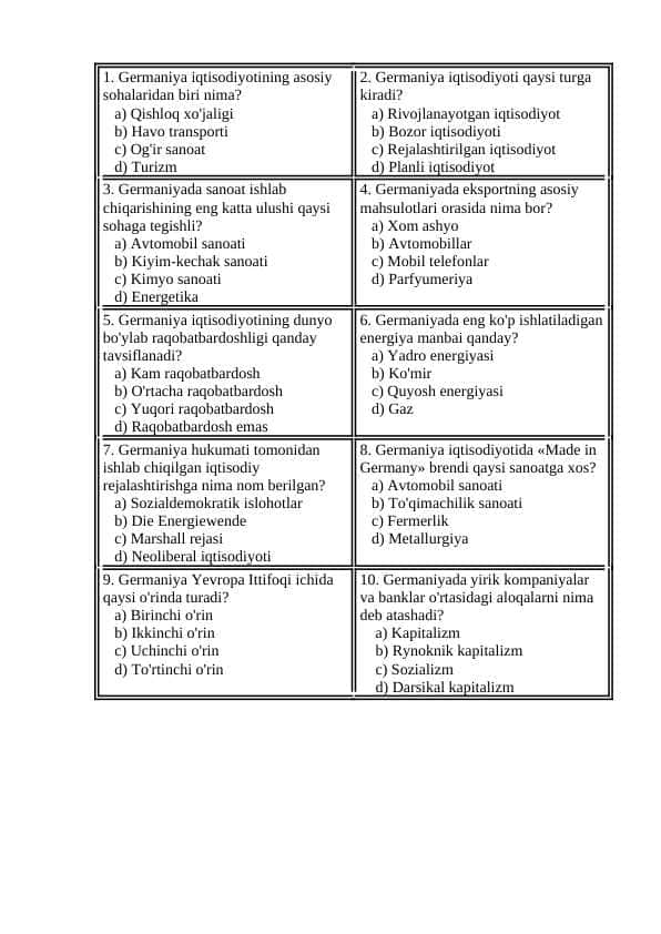 Germaniya iqtisodiyotiga oid 10 ta test