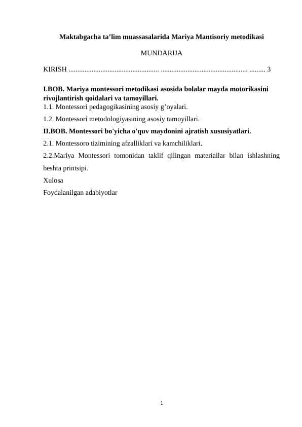 Maktabgacha taʼlim muassasalarida Mariya Mantisoriy metodikasi