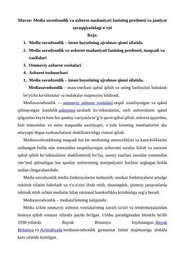 Media savodxonlik va axborot madaniyati fanining predmeti va jamiyat taraqqiyotidagi o'rni