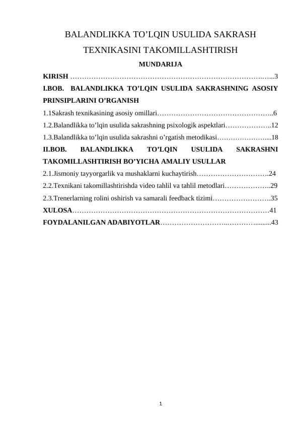 BALANDLIKKA TO’LQIN USULIDA SAKRASH TEXNIKASINI TAKOMILLASHTIRISH