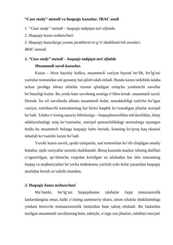 Case study metodi va huquqiy kazuslar. IRAC usuli
