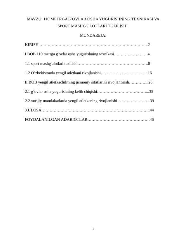 110 METRGA G'OVLAR OSHA YUGURISHNING TEXNIKASI VA SPORT MASHG'ULOTLARI TUZILISHI