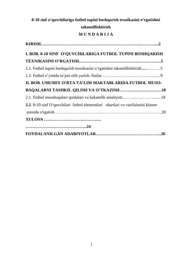 8-10 sinf o‘quvchilariga futbol tupini boshqarish texnikasini o‘rgatishni takomillishtirish