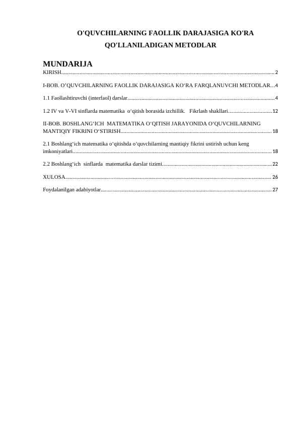 O'QUVCHILARNING FAOLLIK DARAJASIGA KO'RA QO'LLANILADIGAN METODLAR
