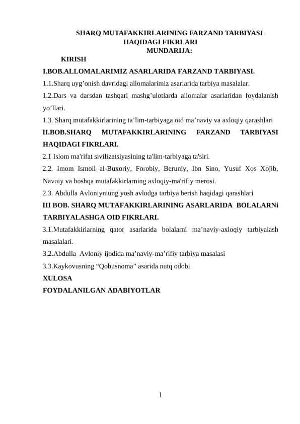 SHARQ MUTAFAKKIRLARINING FARZAND TARBIYASI HAQIDAGI FIKRLARI