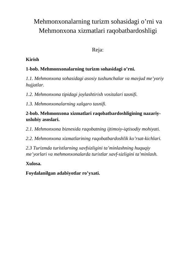 Меhmonxonalarning turizm sohasidagi o’rni va Mehmonxona xizmatlari raqobatbardoshligi