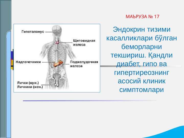 Endokrin tizimi kasalliklari bo`lgan bemorlarni tekshirish . Qandli diabet , gipo va gipertireozning asosiy klinik simptomlari
