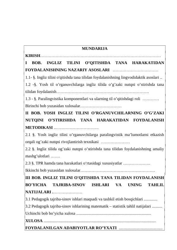 INGLIZ TILINI O’QITISHDA TANA HARAKATIDAN FOYDALANISHNING NAZARIY ASOSLARI