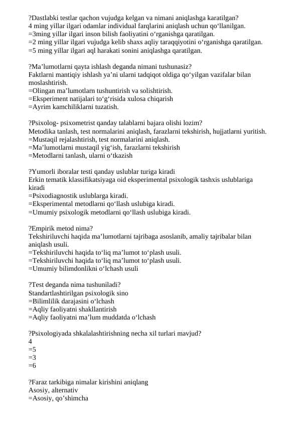 EXPERIMENTAL PSYCHOLOGY 2 eksperemental psixologiya 2 testlar bazasi javobi bilan 35 bet