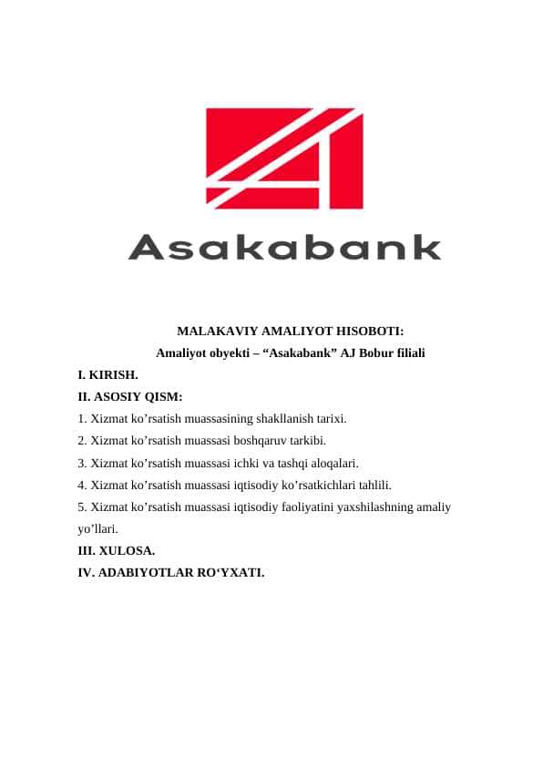 Amaliyot obyekti – “Asakabank” AJ Bobur filiali