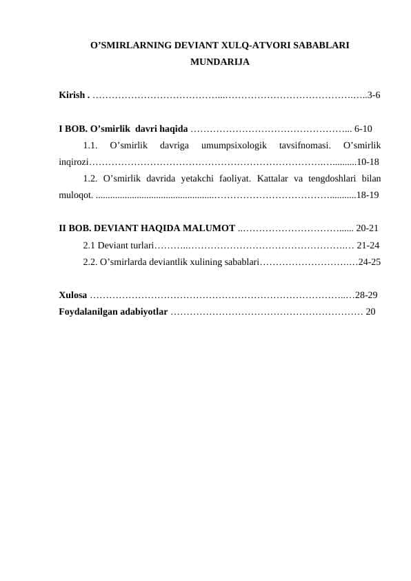 O’SMIRLARNING DEVIANT XULQ-ATVORI SABABLARI