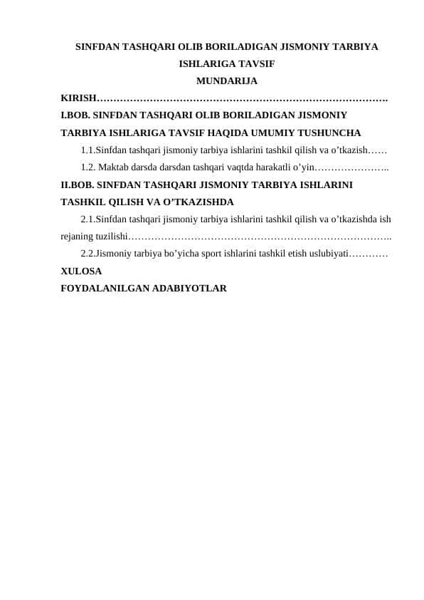 SINFDAN TASHQARI OLIB BORILADIGAN JISMONIY TARBIYA ISHLARIGA TAVSIF