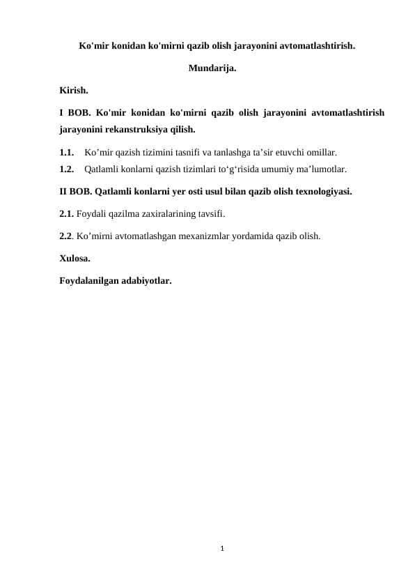 Ko'mir konidan ko'mirni qazib olish jarayonini avtomatlashtirish