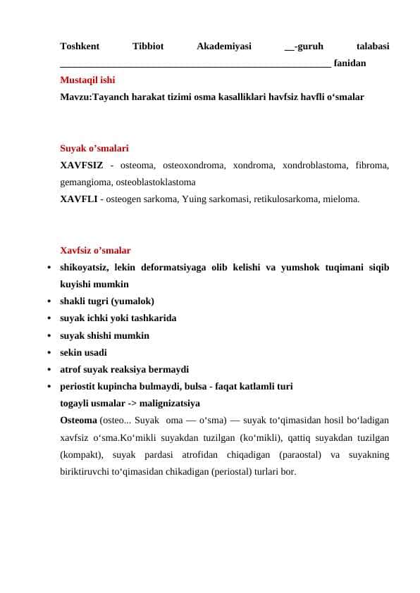 Tayanch harakat tizimi osma kasalliklari havfsiz havfli oʻsmalar