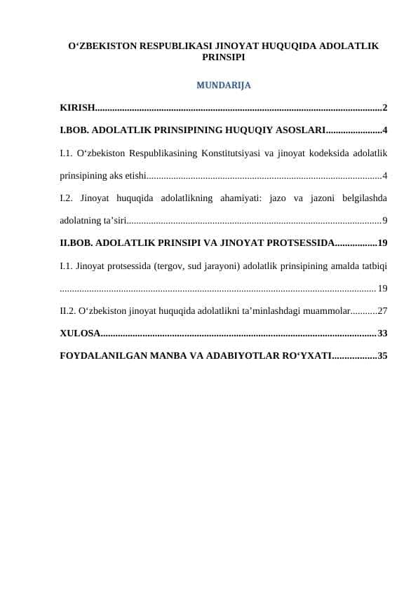 OʻZBEKISTON RESPUBLIKASI JINOYAT HUQUQIDA ADOLATLIK PRINSIPI