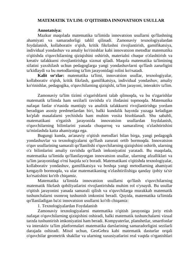 MATEMATIK TA'LIM: O'QITISHDA INNOVATSION USULLAR