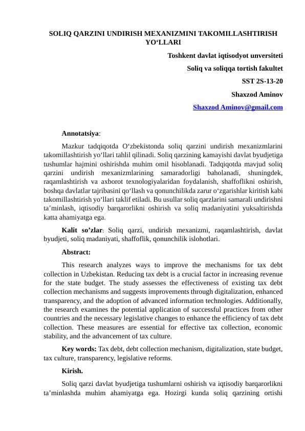 SOLIQ QARZINI UNDIRISH MEXANIZMINI TAKOMILLASHTIRISH YO‘LLARI