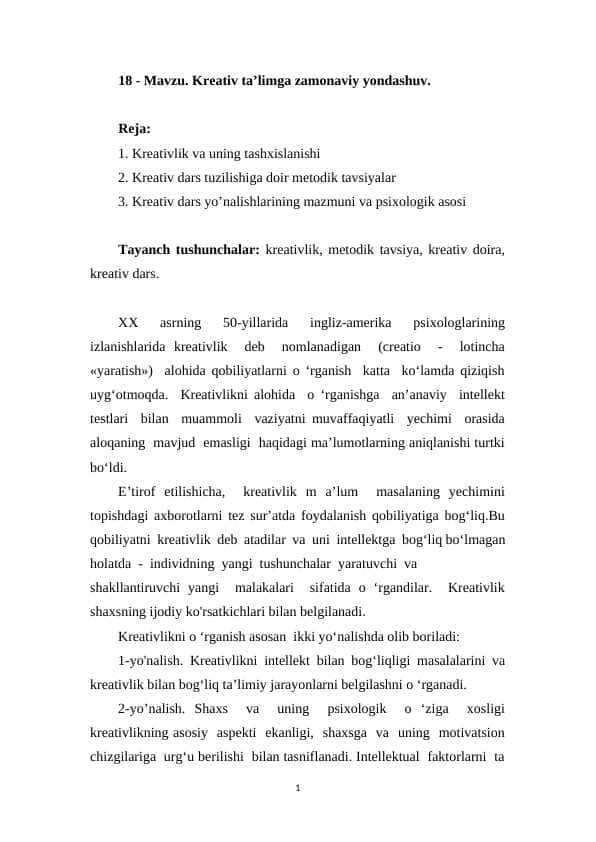 . Kreativ ta’limga zamonaviy yondashuv