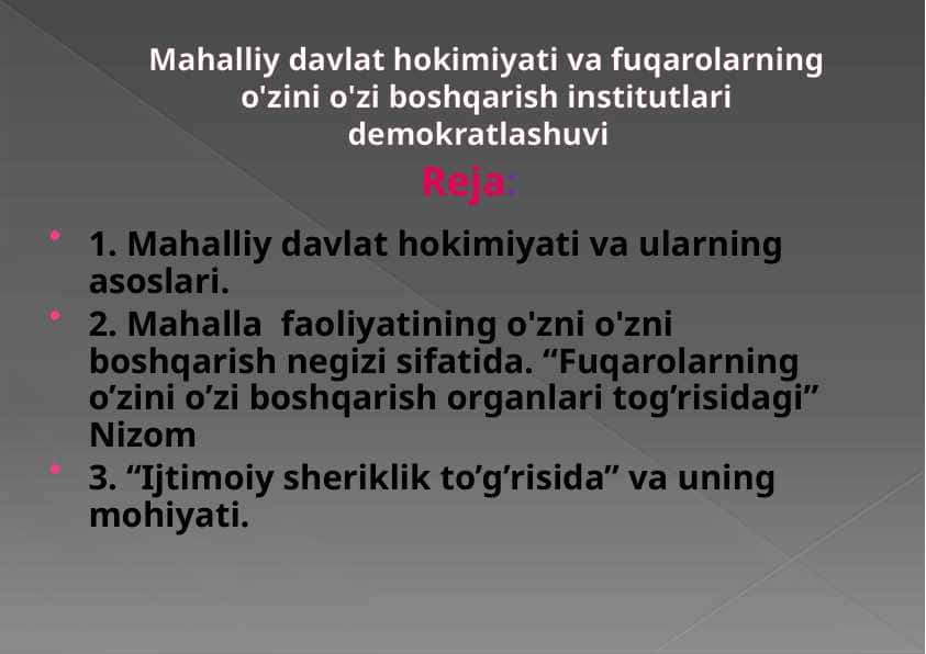 Mahalliy davlat hokimiyati va fuqarolarning o'zini o'zi boshqarish institutlari demokratlashuvi