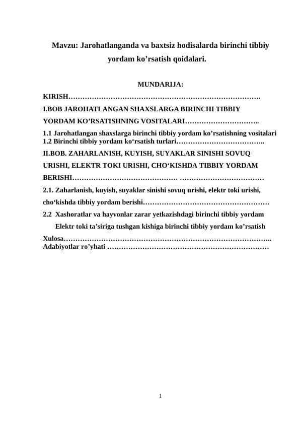Jarohatlanganda va baxtsiz hodisalarda birinchi tibbiy yordam ko’rsatish qoidalari