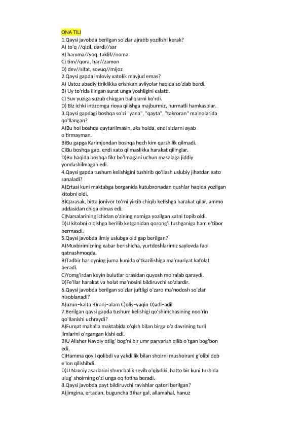 yuridik 5 blok test. Huquqshunoslik yo'nalishi bo'yicha namunaviy test.