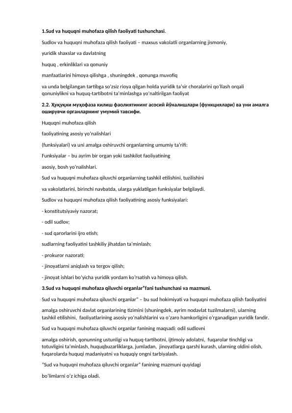 Sud va huquqni muhofaza qiluvchi organlar fanidan sessiya savollari javoblari bilan
