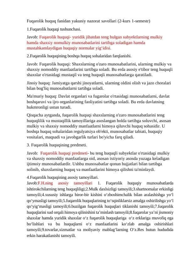 Fuqarolik huquq fanidan yakuniy nazorat savollari javoblari bilan