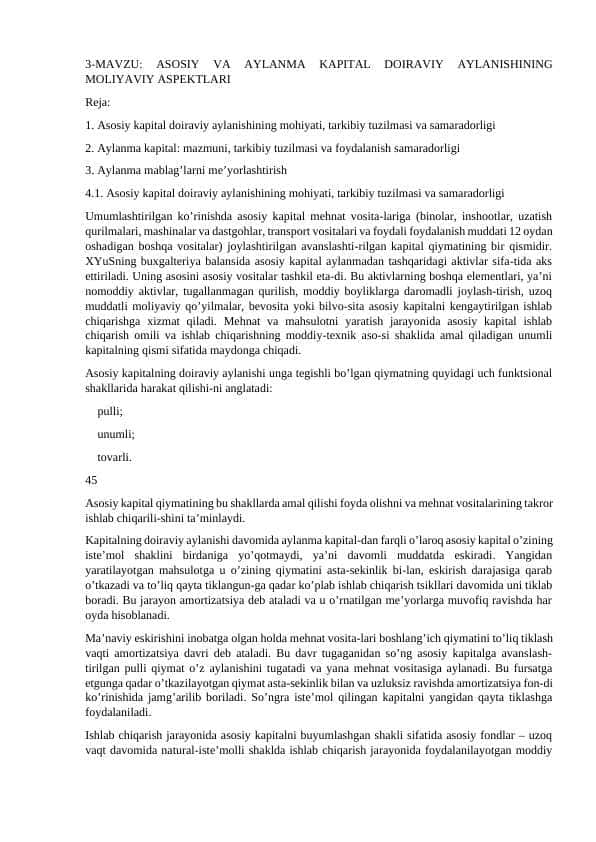ASOSIY VA AYLANMA KAPITAL DOIRAVIY AYLANISHINING MOLIYAVIY ASPEKTLARI