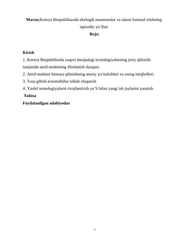 Koreya Respublikasida ekologik muammolar va ularni bartaraf etishning iqtisodiy yo’llari