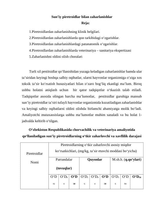 Sun’iy piretroidlar bilan zaharlanishlar