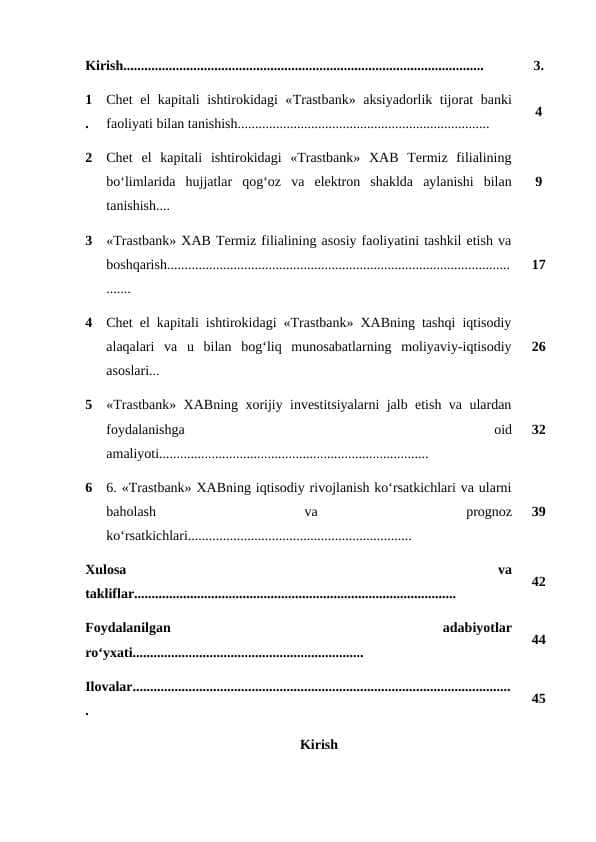 Chet el kapitali ishtirokidagi «Trastbank» aksiyadorlik tijorat banki faoliyati bilan tanishish.