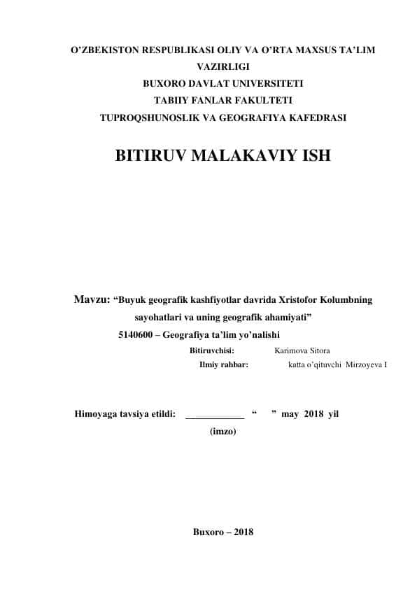 “Buyuk geografik kashfiyotlar davrida Xristofor Kolumbning sayohatlari va uning geografik ahamiyati”