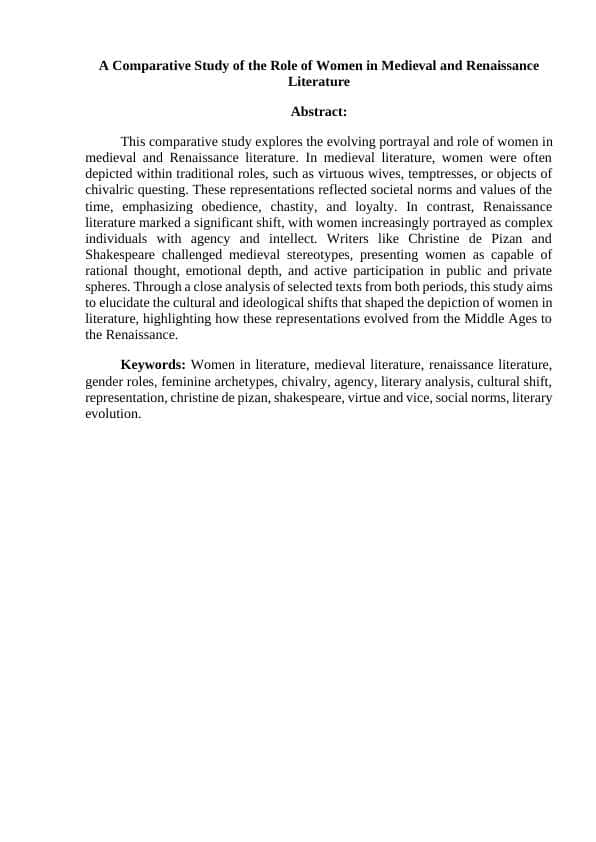 A Comparative Study of the Role of Women in Medieval and Renaissance Literature