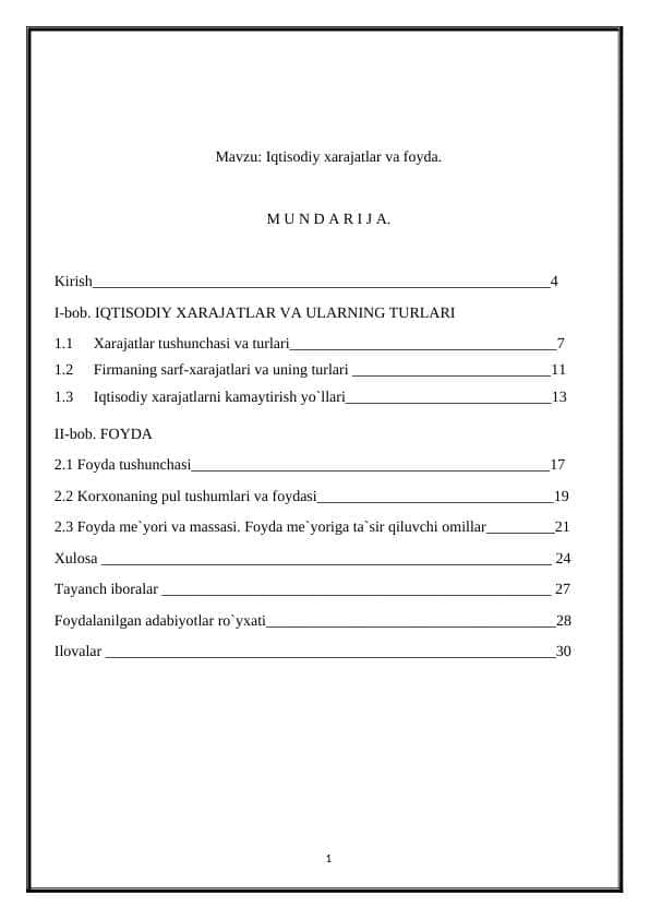 Iqtisodiy xarajatlar va foyda.