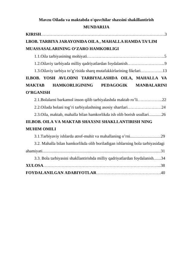 Oilada va maktabda o'quvchilar shaxsini shakillantirish