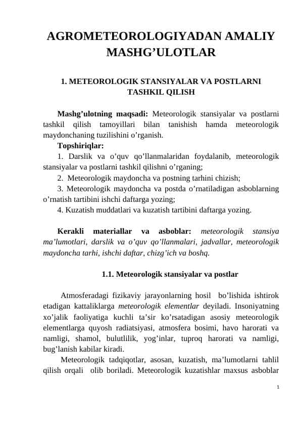 AGROMETEOROLOGIYADAN AMALIY MASHG’ULOTLAR