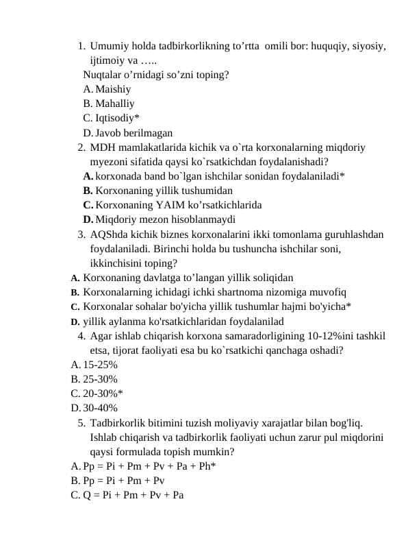 Innovatsion Tadbirkorlik Asoslari Fanidan Test